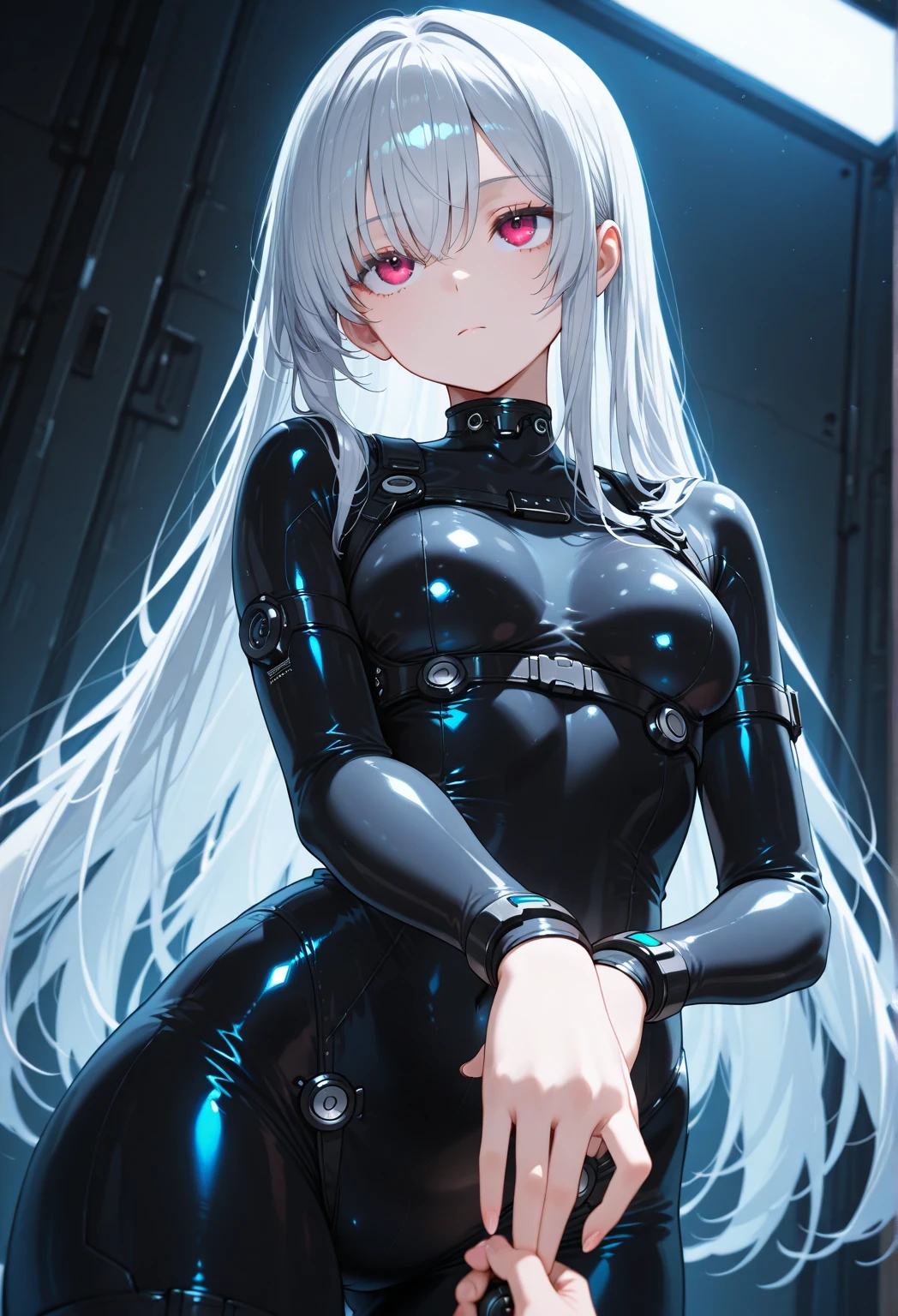 ((Finest quality)),(超A high resolution),(ultra-detailliert),((Best Anime)),sharpnes,Clair,Art with astounding depictions, (1人の女性:1),Latex Bondage,Cone:1.5,Military boots:1.5 Sitting in a chair and crossing your legs