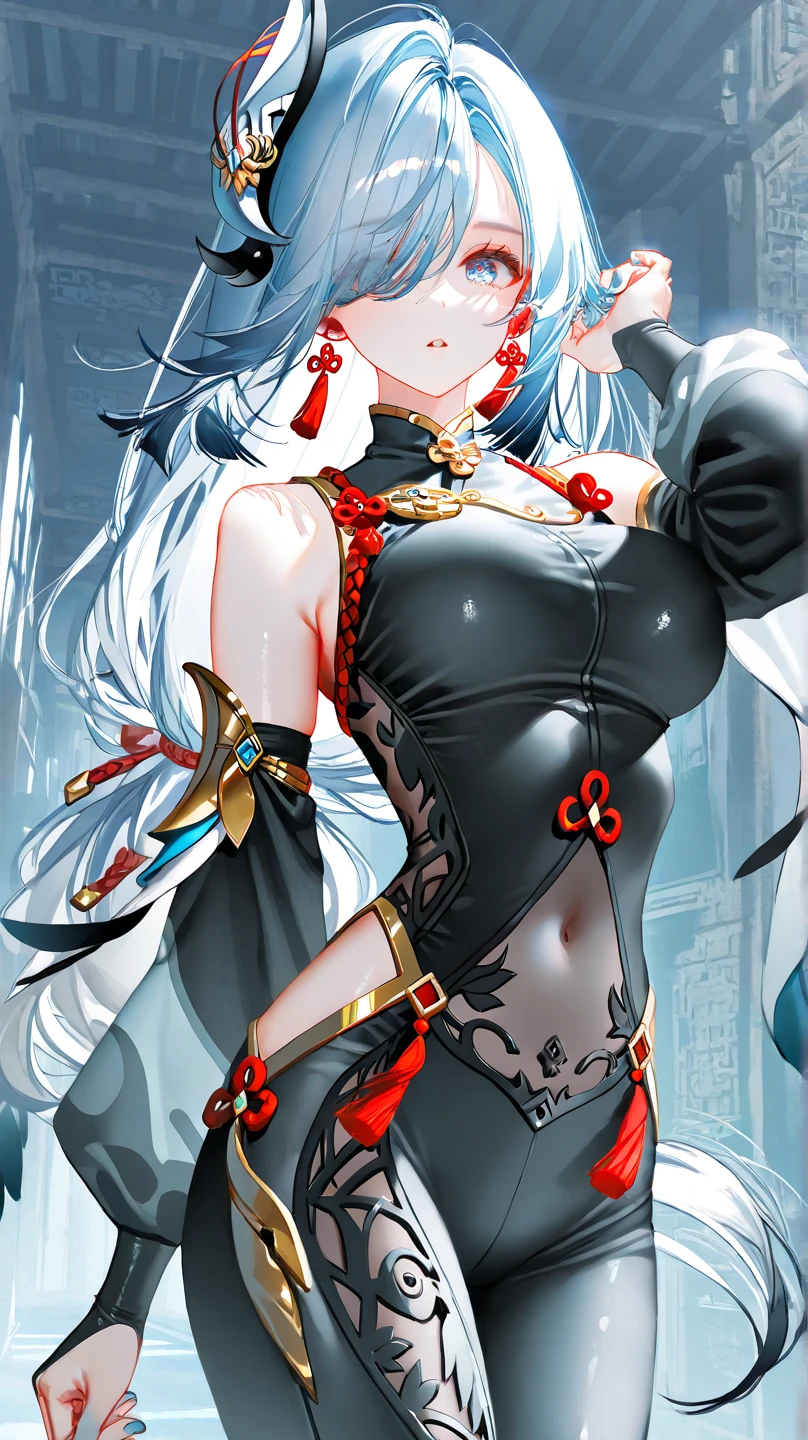 Kaguya,with a pure white background,White silk hair,Blood red moon,huge tit,Fleshy thighs,High-class design sense,Promotional poster style,long white robe,highly rendered,详细的脸