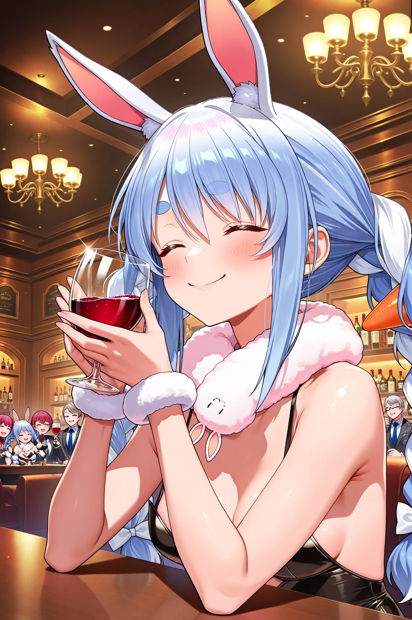 NSFW,masterpiece,Highest quality,High resolution,Very detailed,white\(no game No life\),Small breasts,ponytail,Bunny ears,Playboy Bunny,casino,Holding Tray,Dissatisfied face,blush,Are standing