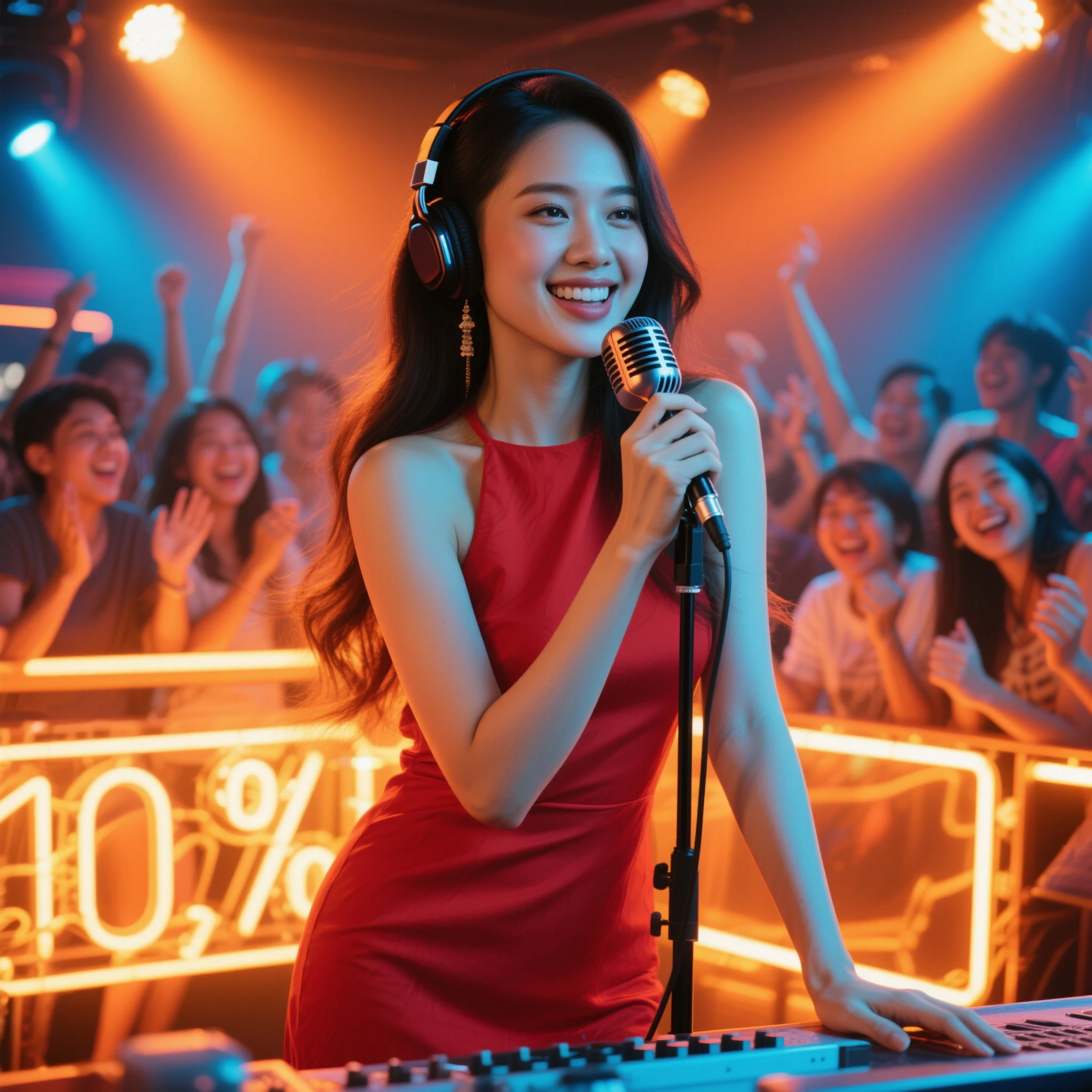 one-girl,While singing, while dancing,With a headset, hyperrealistic photo