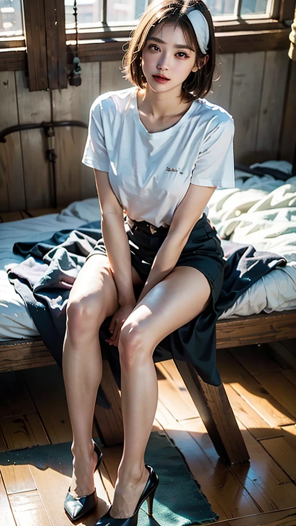 Open shirt, Leaning forward, ((,Round face, Around ,barefoot)), Long Hair, No pants、No bra, Natural Makeup, Fuller lips, sexy gaze, barefoot, ((Raise one leg)), , Shooting from below, ,((Very precise and accurate anatomy)), (masterpiece:1.43), perfect ratio, Realistic photos, Full Shot, whole body, (height: 168cm),