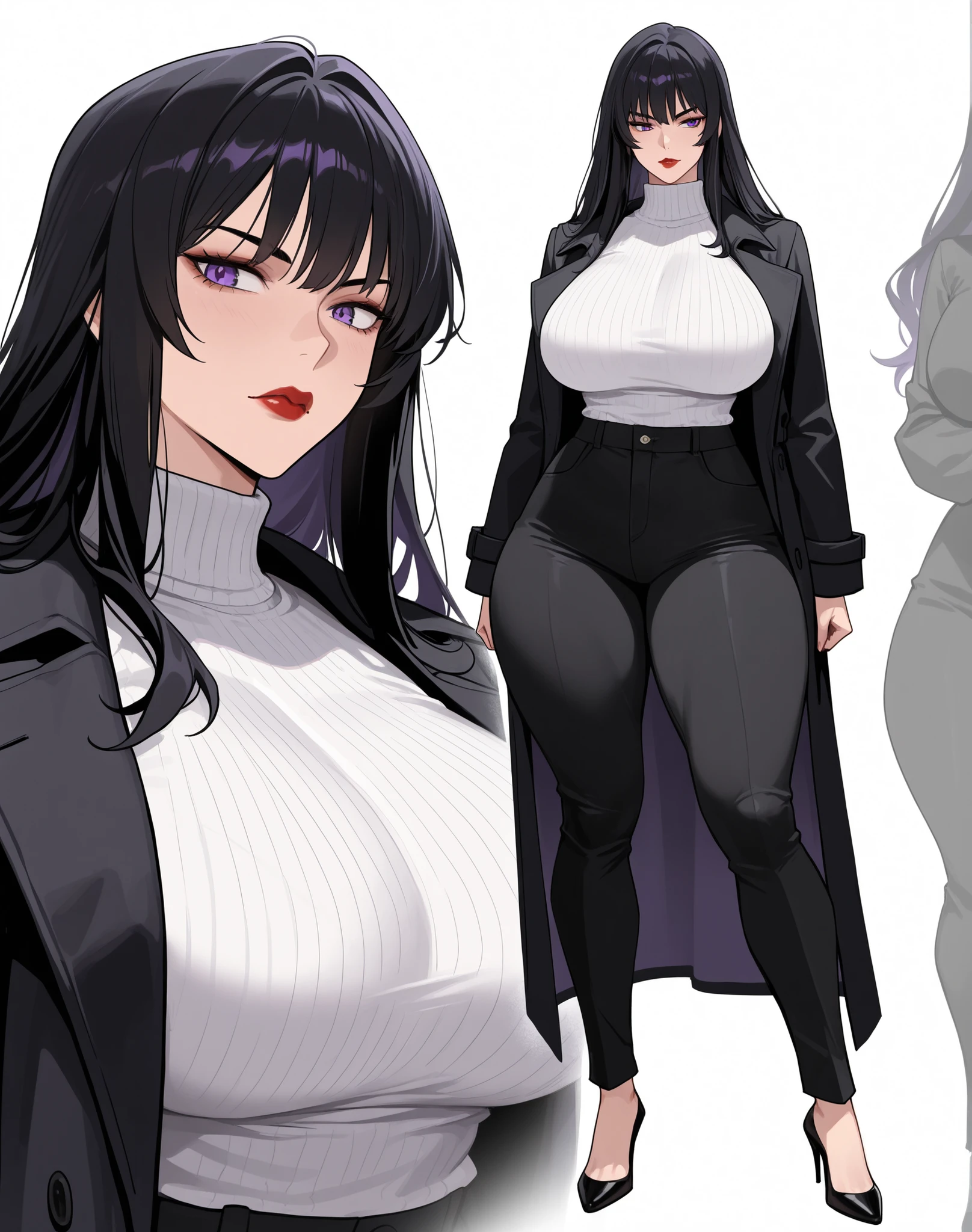 1 woman, Purple eyes, Almond-Shaped eyes, long black pants, black black Coat, unbuttoned Coat , neck height sweater, raven hair, long hair, black hair, red lips, Tall, thick thighs, big breasts, mature face, Big sister's vibes, Multiple Views, High heels