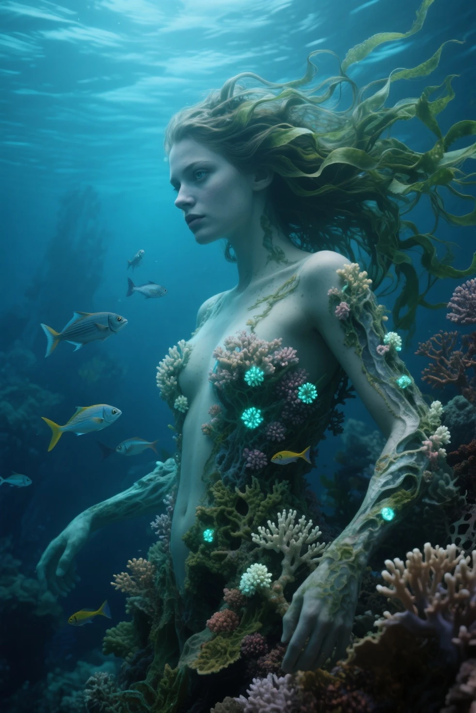 (Best Quality, 4k, 8k, High resolution, masterpiece: 1.2), ultra detailed, (realist, fotorrealist, fotorrealist: 1.37), underwater, Aquarium, like a glass tube, sparkling water, vibrant marine life, fish swimming gracefully, colorful coral reefs, sunlight filtering through water, calm and serene atmosphere, Fascinating light reflections, intricate details of the underwater environment, sea creatures in their habitat immersive experience, Clear water, a paradise under the surface of the sea, exotic fish species, ethereal dreamy atmosphere, calm underwater ecosystem, Vibrant colors and textures of marine flora and fauna, Stunning and inspiring underwater beauty, ((( Fallen angels of the universe, bright Eyes, biomechanical, Unsettling, creepy, nightmarish, very bright colors, light particles, with bright light, music, wallpaper art, UHD wallpapers))),(""Photo ,((( underwater en el fondo del arrecife de coral))),(underwater shot)((( Complete body of a very feminine sexy goddess, Although she is not dressed, Well, its skin is like that of a chameleon or a cuttlefish or an octopus., These properties allow it to generate super intricate patterns and designs like a completely transparent futuristic armor..,From within, The four elements manifest their presence,the fire that tries to escape through every pore of your skin,the water that forms an armor of transparent and crystalline ice the wind shaking its very long hair,and the earth beneath your feet turns into the purest red diamonds,yellow and blue,of considerable size,that blend with the ice dress,))),(((Her huge breasts and perfect nipples,Perfect flesh-colored areolas with pink and textured touches just like the rest of your skin that behaves like a cuttlefish changing color and changing its physical appearance within its cells the pigments bathe your body with (multicolor neon lights) naked