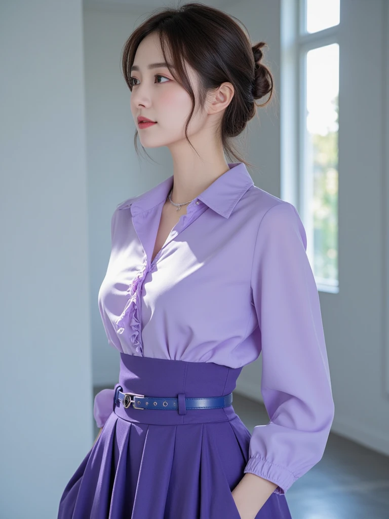 1 woman, brown hair, long hair, purple eyes, parted lips, smirk, dark purple dress, long sleeve, medium sized breasts, cute, gorgeous woman,