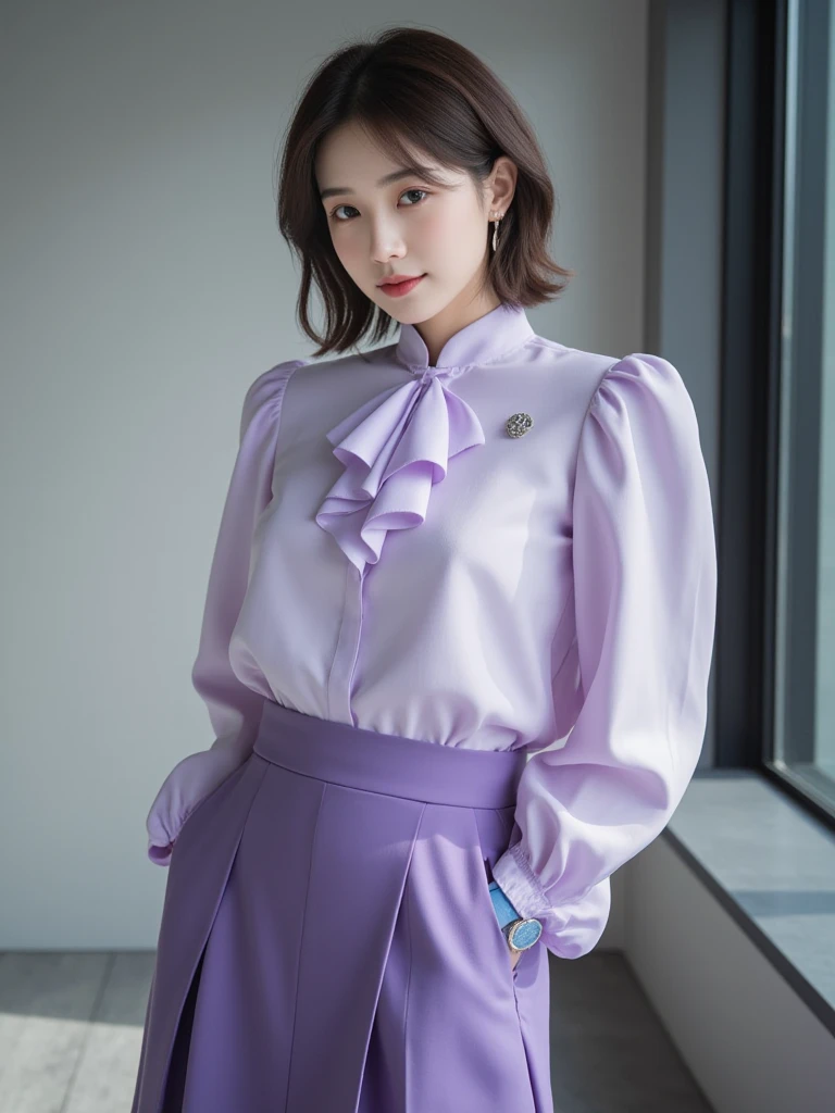 (64K, UHD, Top Quality, Masterpiece: 1.2), (Realistic, Photorealistic: 1.37), Super Detailed, Girl 1 Person, Cute, Solo, Beautiful Detailed Sky, Detailed Cafe, Night, Date, (Blush), (Smile: 1.15), (Closed Mouth) Big, Cat-like Face, Beautiful Fine Eyes, (Shirt with Collar: 1.1), Night, Office Clothes, White Lace, (Short Hair: 1.2), ( pink hair, purple eyes), floating hair NovaFrogStyle, topless,
