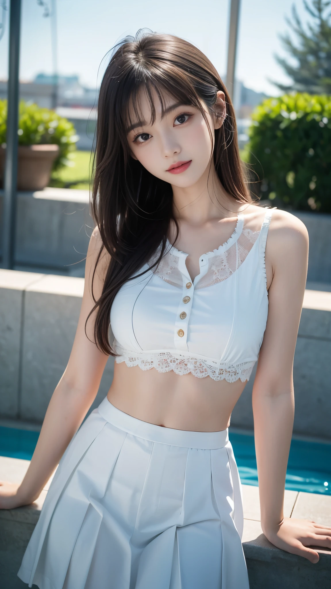 (Best Quality, masutepiece, Ultra HD: 1.3), 1womanl, (middlebreasts), Black hair, Blunt bangs, hair behind ear, hair over shoulder, (Long hair),( slender body shape), (Ultra Fine Face), Delicate lips,(Beautiful eyes), thin blush, Eyes are black, (perfect glossy skin, flawless skin, Glistening sweat:1.3),鎖骨, hairarmpits,View here, hide one's hands, See-through white blouse, White see-through mini skirt, pumps. White beret, bustshot,Broad-leaved forest