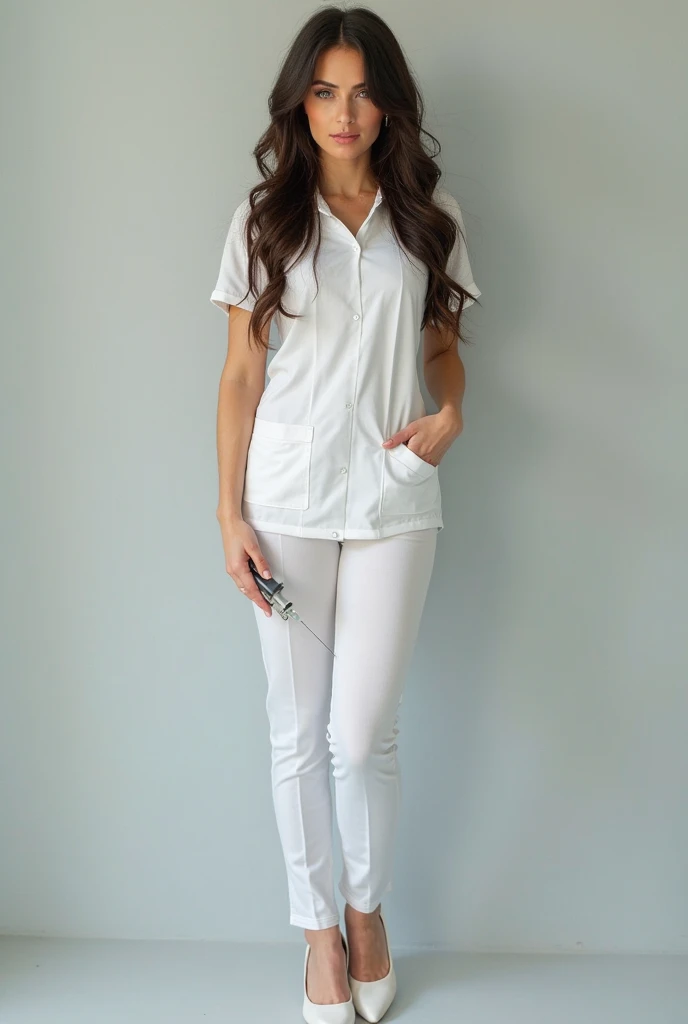 Draw lips correctly, red lipstick, from chest up, best quality, Super detailed, lifelike, Super fine skin, perfect anatomy, (1 日本Mature的女人), (alone),wear white shirt,short sleeves,gray pants,white boots,wavy long hair,37-year-old female,Mature,charming smile,outdoor background,stand,Leg length,Chubby,Big breasts,stand up,full-body shot
