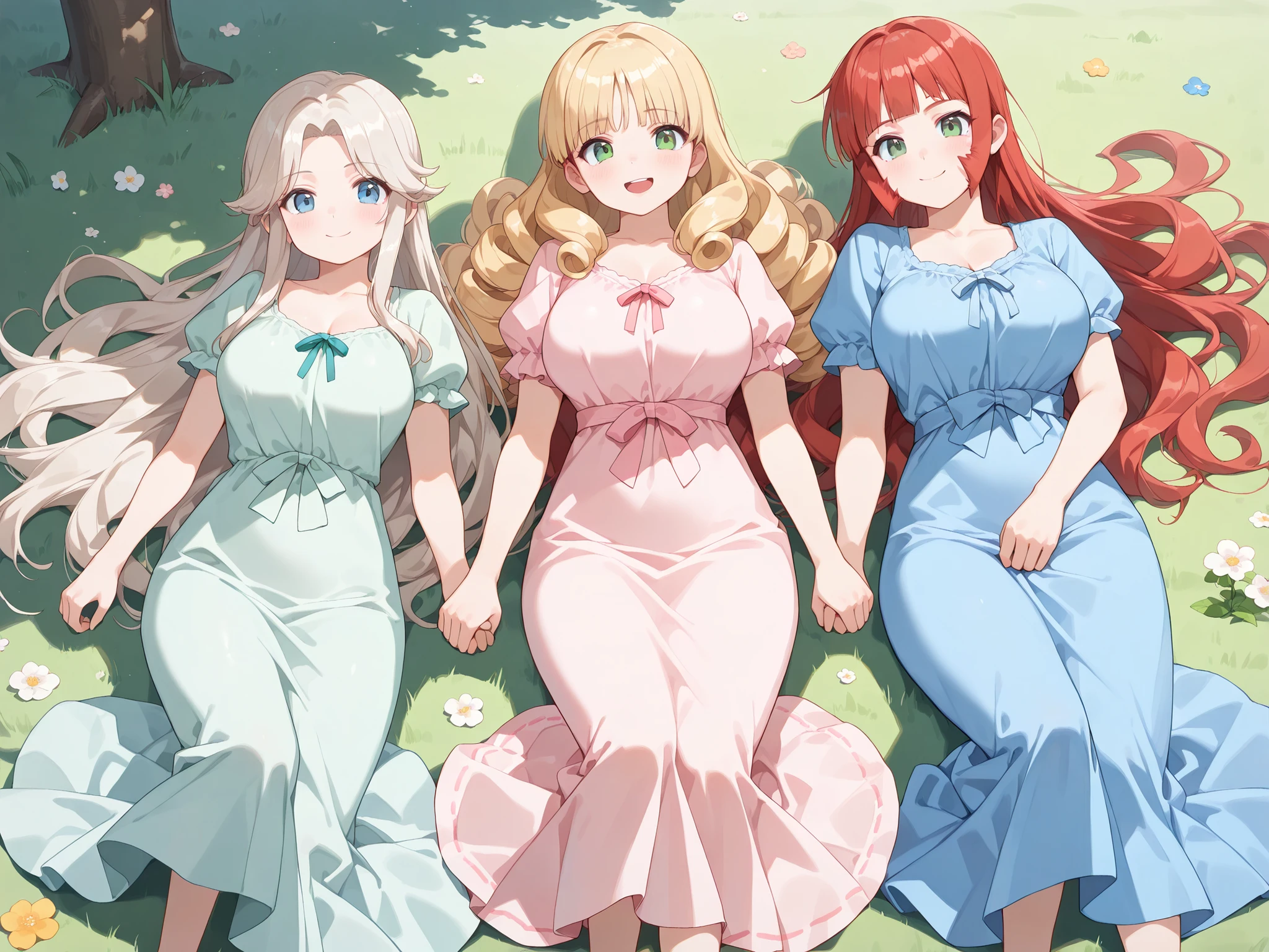 best image quality、High resolution、(perfect anatomy)、(ideal facial features)、(3 girls)、(girl with platinum blonde long hair, wept bangs, ((Long sideburns)), (big breasts),((spring-green long dress)))、( girl with red hair, blue eyes, wavy hair, medium breasts, parted bangs, ((Long sideburns)), ((skyblue long dress)))、((girl with blonde long curly hair), green eyes, (wept bangs), ((Long sideburns)), (big breasts),((pink long dress))), right smile, grass field