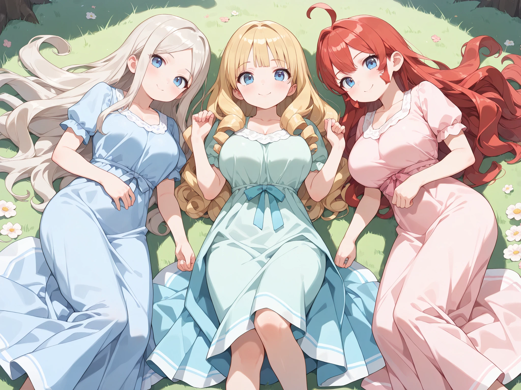 best image quality、High resolution、(perfect anatomy)、(ideal facial features)、(3 girls)、(girl with platinum blonde long hair, wept bangs, ((Long sideburns)), (big breasts),((spring-green long dress)))、( girl with red hair, blue eyes, wavy hair, medium breasts, parted bangs, ((Long sideburns)), ((skyblue long dress)))、((girl with blonde long curly hair), wept bangs, ((Long sideburns)), (big breasts),((pink long dress))), right smile, grass field
