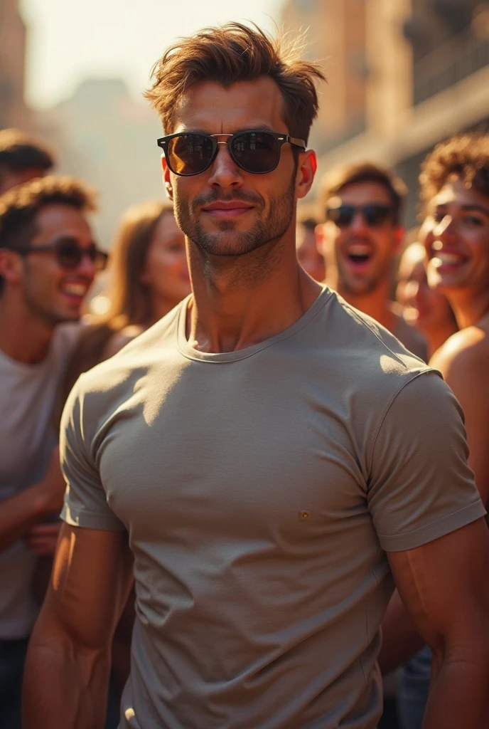 a handsome tanned man, black hair, short beard, wearing rayban sunglasses, smiling, sexy brazilian, slender, shirtless, wearing jeans, surrounded by beautiful women, photorealistic, 8k, highly detailed, cinematic lighting, vivid colors, professional photography, editorial fashion style, 