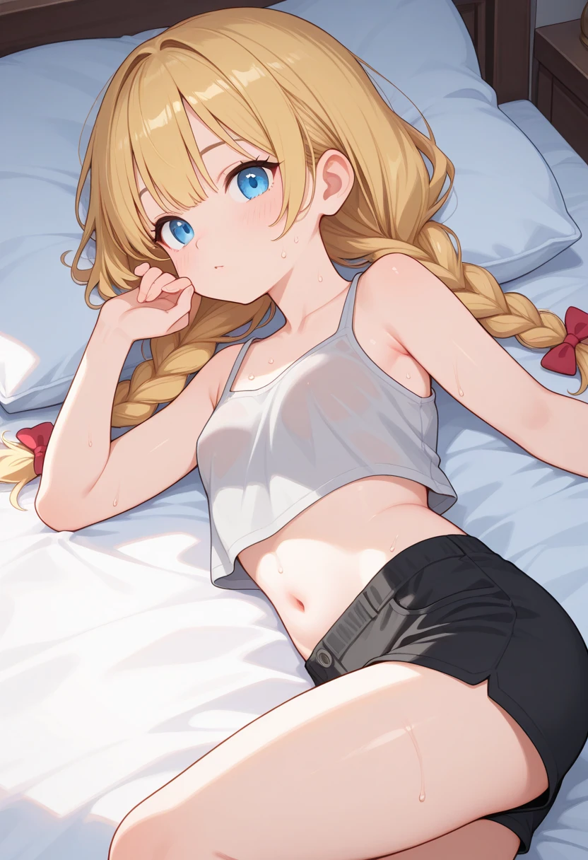 Best Quality, kirisame marisa, petite body, Staring at me in embarrassment, voluptuous thighs, lying on the bed, Sparkling eyes, small tits, kawaii, lift clothes、Spread Leg, 7 years old