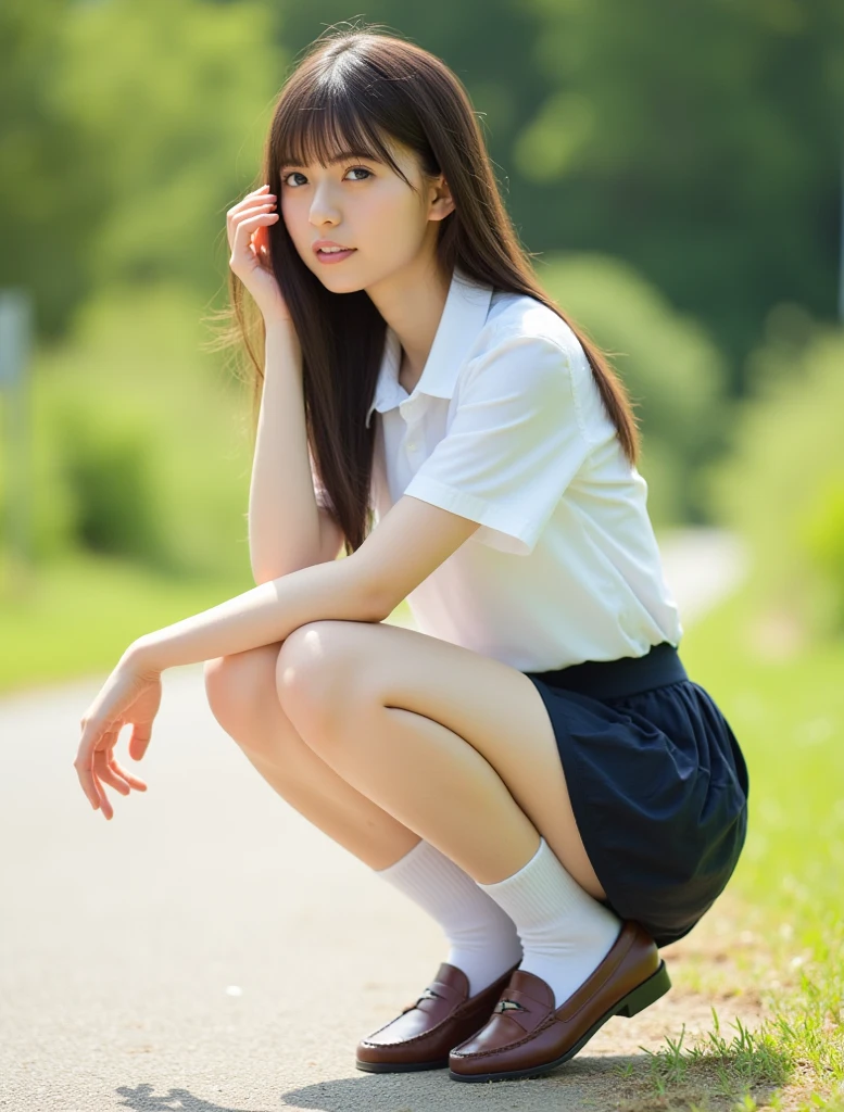 (masterpiece, highest quality:1.4), Award-winning portraits, 8k, 85mm, alone, Beautiful Face, Delicate girl,  (Cheerleader、On the grass), Sophisticated, cute, 15 years old, RAW Photos, Confused, High resolution, Sharp focus, Background Blur、(((flat  、thin and delicate body、Childish atmosphere)))、shiny semi-long hair、ponytail、Mole on the left cheek、 Dark blue eyes、the skirt is swaying in the wind、Hair swaying in the wind、sexy、flexible legs