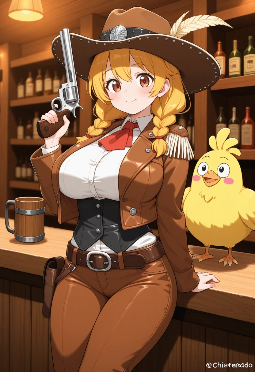 Highest quality, blonde、Golden Eyes、Big Breasts、topless、With a revolver、Brown mini skirt、Ten-gallon hat、Western Boots、Accentuate your breasts、Fearless Smile、Erect nipples、Sweat、breast milk squirting