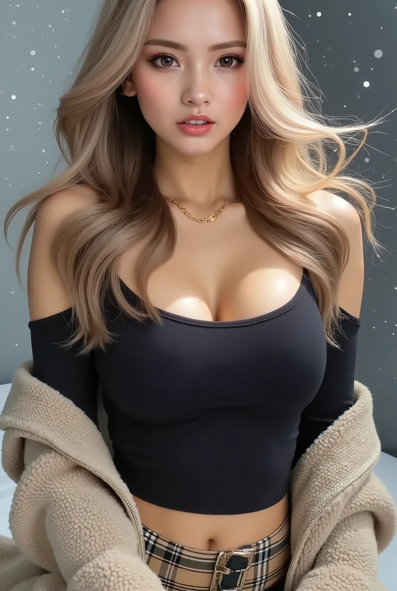 Cool Beauty, blonde, shiny, silky, wavy long hair,Passionate and explicit expression, charming eyes, Transcendental Style , large breasts:Gcap,Tight Hips,wearing a black wide crop top with open shoulders and an oversized knit, fluffy, girly sweater, Burberry check flared skirt, Black Thigh High Boots , The background is sparkling water droplets reflecting the sun's rays, ultra detail, absolute determination, masterpiece