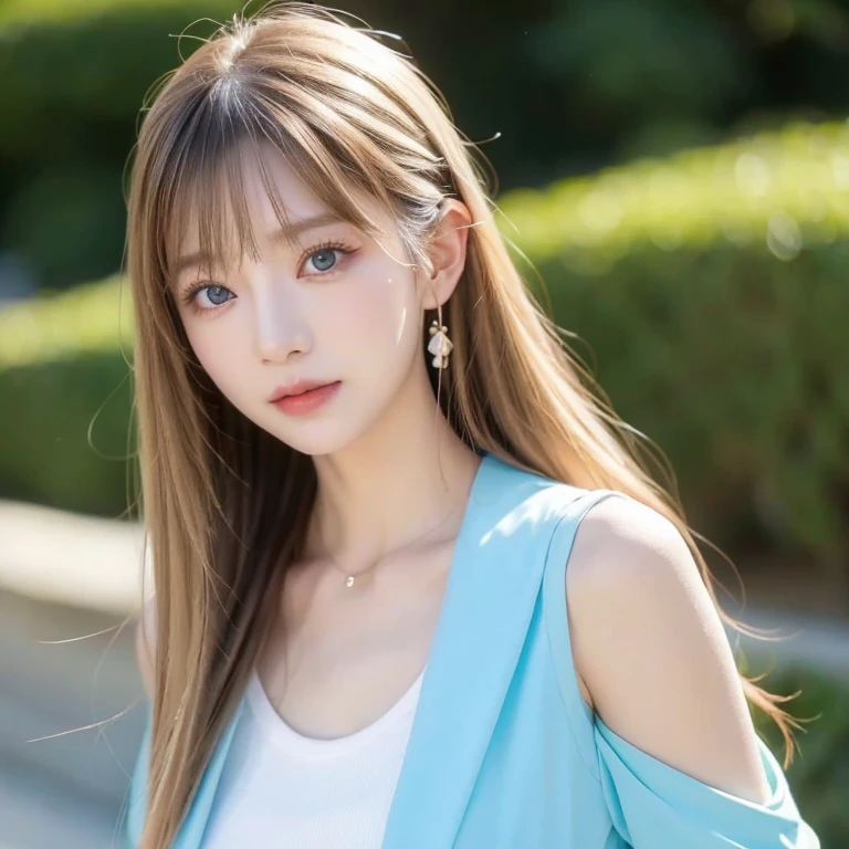 masterpiece, best quality, (realistic,photo-realistic:1.4), (RAW photo:1.2), extremely detailed CG unity 8k wallpaper, delicate and beautiful, amazing,finely detail, official art, absurdres, incredibly absurdres, huge filesize, ultra-detailed,extremely detailed eyes and face,light on face,yuuki asuna,(little smile),(caramel hair:1.4),(long hair:1.4),(wearing hospital gown:1.4),(garden:1.3),nature background,sleeveless
