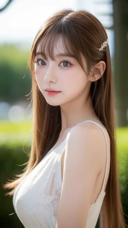 One Japanese woman、Medium hair, Side Tail、Light blonde、favorite , Beautiful, shining eyes, Stars in my eyes,Crystal clear eyes、Natural color lip、Street Snap、18-year-old、8K、Highest quality、flat chest、Like reality、Realistic、アフタースクール、カーディガンを腰に巻いている