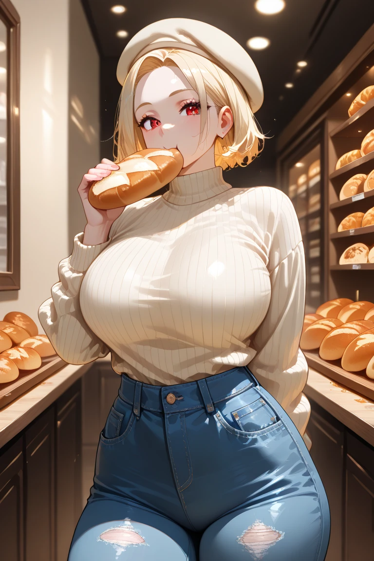 ((masterpiece, best quality, highres, UHD, perfect pixel, depth of field, 8k, RTX, HDR)), BREAK, 1girl, single, solo, beautiful anime girl, beautiful artstyle, anime character, ((long hair, blonde hair)), (green:1.4, rounded eyes, beautiful eyelashes, realistic eyes),big breast, without clothes wearing only a white apron, covered in sweat, blushing, black bra, with a smile, BREAK, holding a bitten bread in the hand, sexy pose in a pastry shop with shelves with a lot of bread.