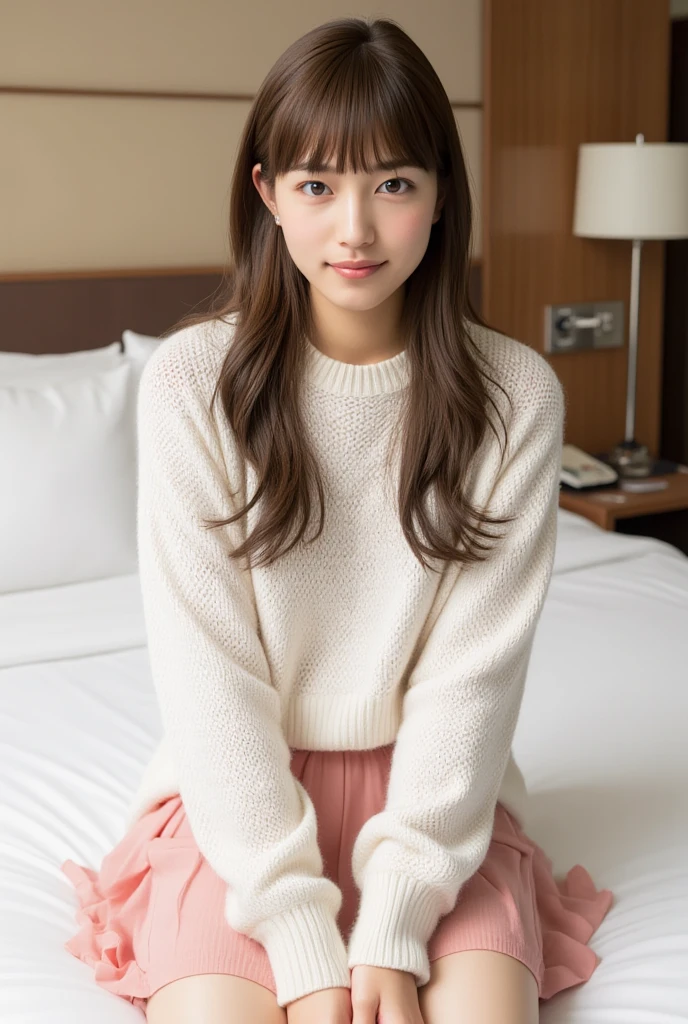 4k、High resolution、17 years old,、japanese girl, beautiful skin, pale pink cheeks, , semi-long,  looking at camera、Natural light、my room、perfect knit sweater、on the bed、knee high