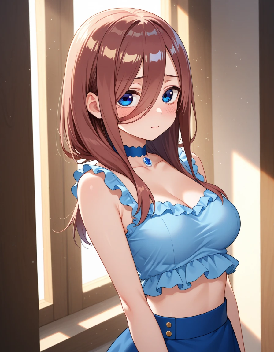 masterpiece, best quality, very aesthetic, amazing quality, good quality, absurdres,
1girl, solo, nakano miku, medium breasts, long hair, sidelocks, brown hair, blue eyes, bangs, blush,
jewelry, choker, blue choker,
shirt, crop top, sleeveless, cleavage, collarbone, midriff, frills, bare arms, sleeveless shirt, bare shoulders, blue shirt,
skirt, frills, blue skirt,
cowboy shot,
standing, looking at viewer,
closed mouth, hair between eyes,
breasts,
indoors,
light particles, sunlight,