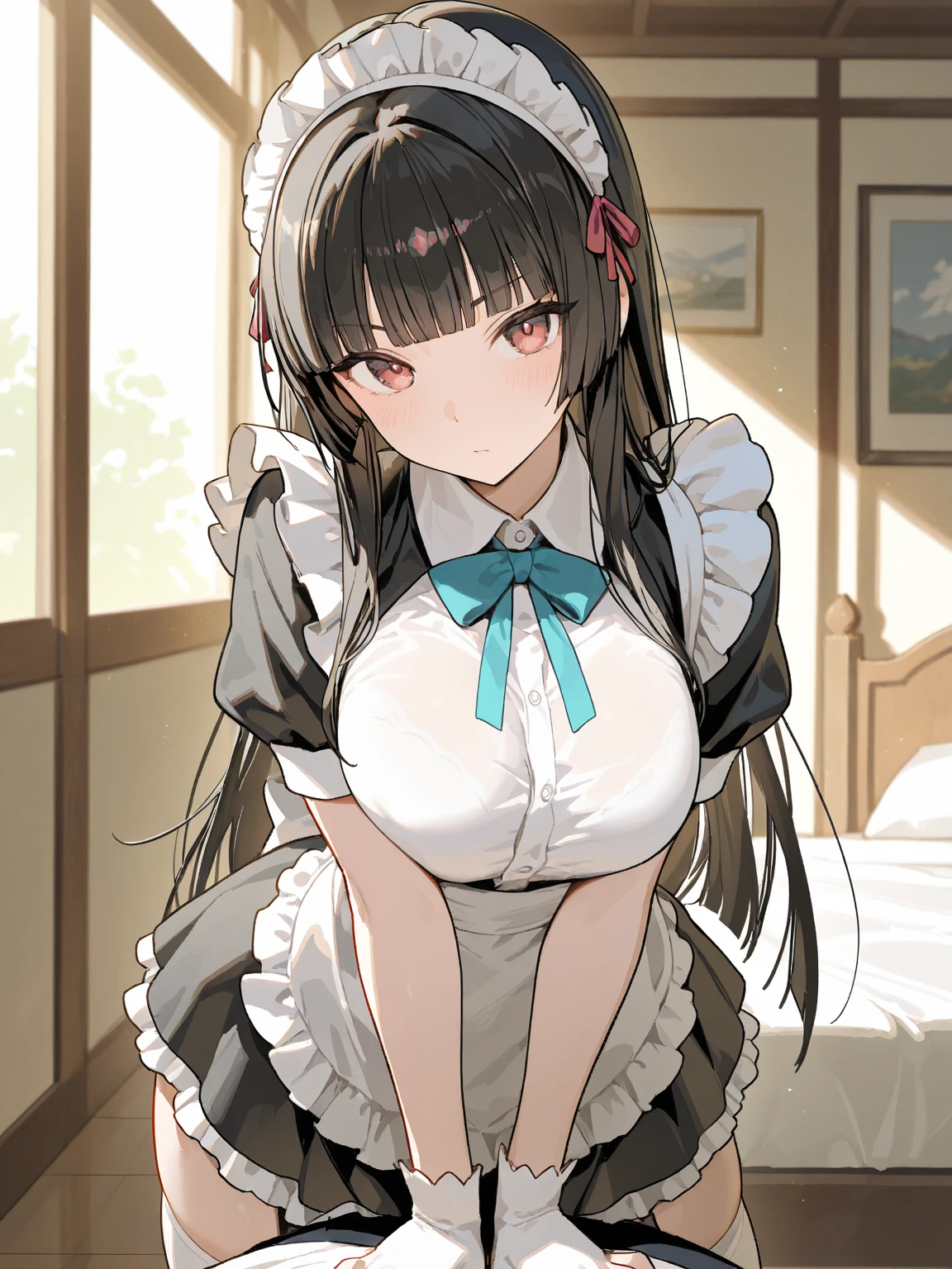 best quality, masterpiece, highres, solo, {maid:1.40}, {long maid dress:1.15}, {yahagi_kantaicollection:1.15}, long_hair, black_hair, ponytail, red_eyes, sidelocks, breasts, hair_between_eyes, large_breasts