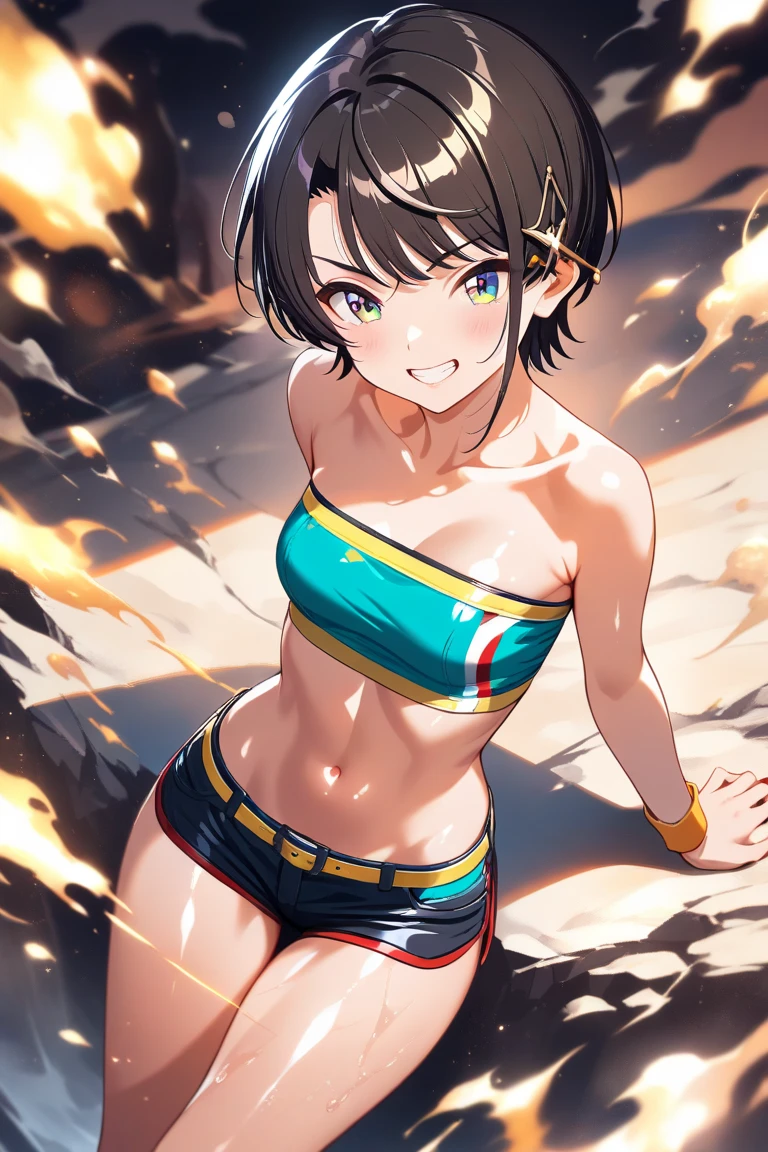 Attack on titan, Mikasa Ackerman wearing a bikini, using ODM gear, breast exposed,