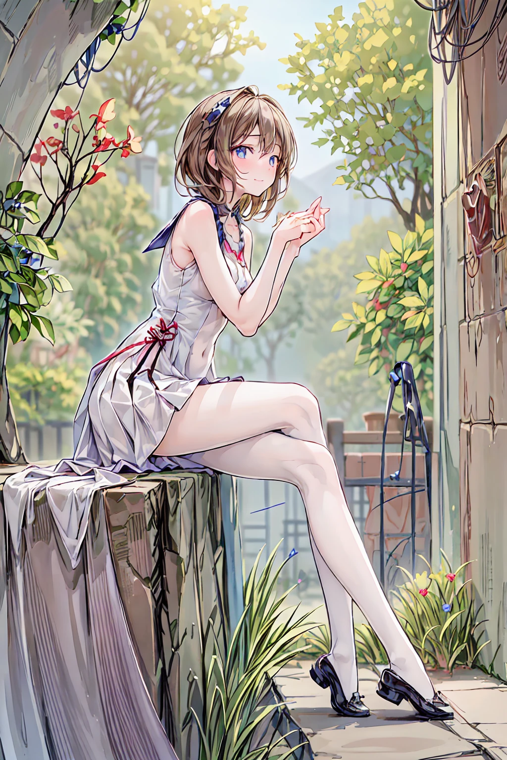 female,Round Face,Solitary,sports,Relax,Orange Hair,Double ponytail hairstyle,elegant,whole body,(Open your legs),(((Exposing thighs))),full,Transparent openwork,Deep V Suspenders,((White skirt)),stocking,leggings,(Brushstrokes,Impressionism,painting,Rich scenery),Disheveled,Chest contour,(((Wet clothing))),(((Ultra-thin clothing))),((Flesh outline)),Grinning