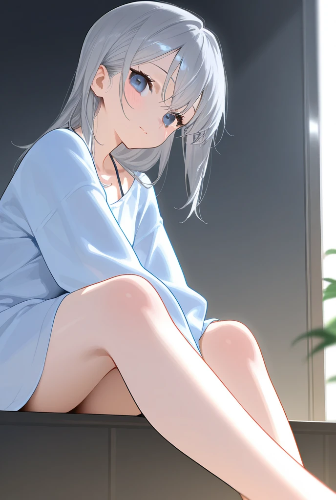 cute、Gray Hair、blue eyes、hoodie、White panties、Crouched posture、classroom