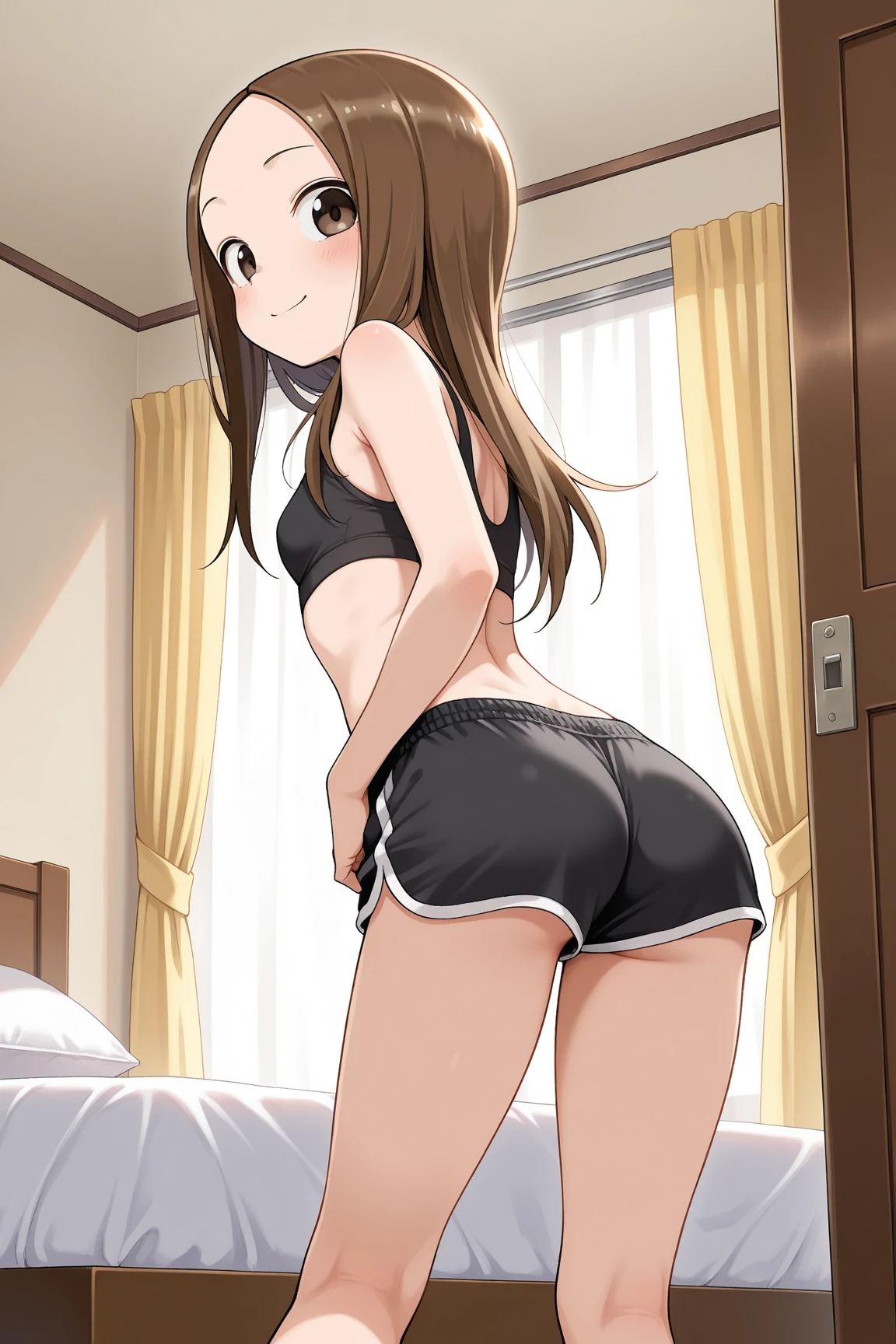 nozomitoujou, nozomi toujou, green eyes, brown hair, curly hair, large breasts, masterpiece, best quality, high resolution, good lighting, detailed CG, messy hair, short shorts, t-shirt, crawling, on her hands and knees, from behind