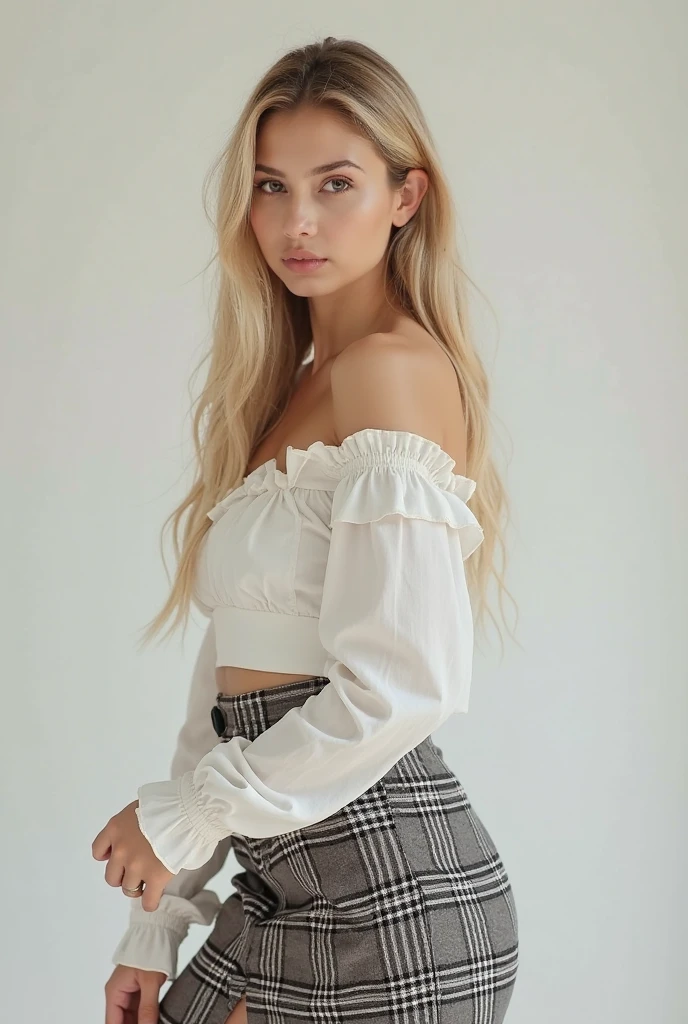 Blonde woman with wavy hair posing in front of a restaurant with glass decorations, wearing a strapless waist-length top and pants, wearing a stunning ivory top, revealing a stylish top, stunning ivory top, elegant white top, wearing white top, wearing a stylish top, wearing ivory top, dressed in a beautiful top and white pants, plain white tight clothing, a beautiful woman in white, wearing a beautiful top and white pants, low-cut top