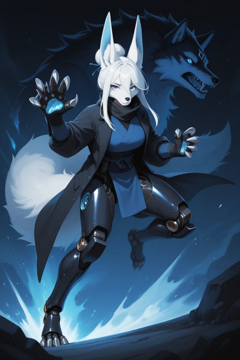 SFW, (clear art), (detailed), looking away,((in combat stance)),(fighting),Female, (anthropomorphic snow leopard), (robotic arms), (robotic hands), big breasts, ( black formal suit), (black trousers), (black blazer), (long grey hair),(grey hair), snow leopard tail, snow leopard ears, smug face, inside bar, (as a visitor), yellow eyes, hi-res, digital art