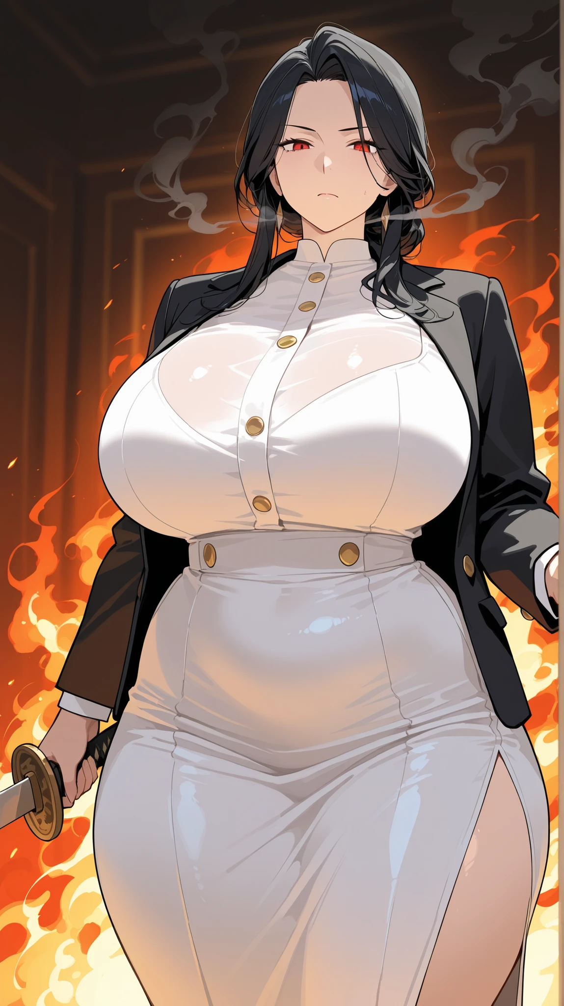 A woman with short tomboy hair Wear a gold sparkling black short sleeve collared shirt with a long white skirt.,Red hair, muscular,tomboy,Tall body, super very big bosom,Wearing a black royal coat