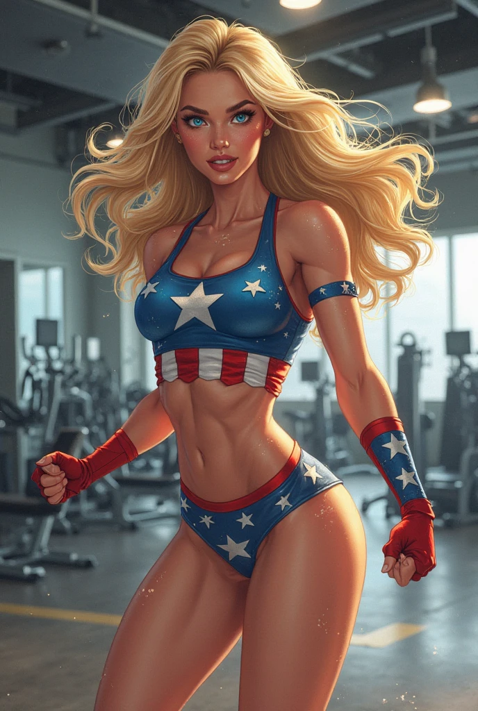 Beautiful American woman, blue eyes, blonde ponytail hair, athletic toned body, wearing modest American flag theme outfit watching fireworks, photoshoot