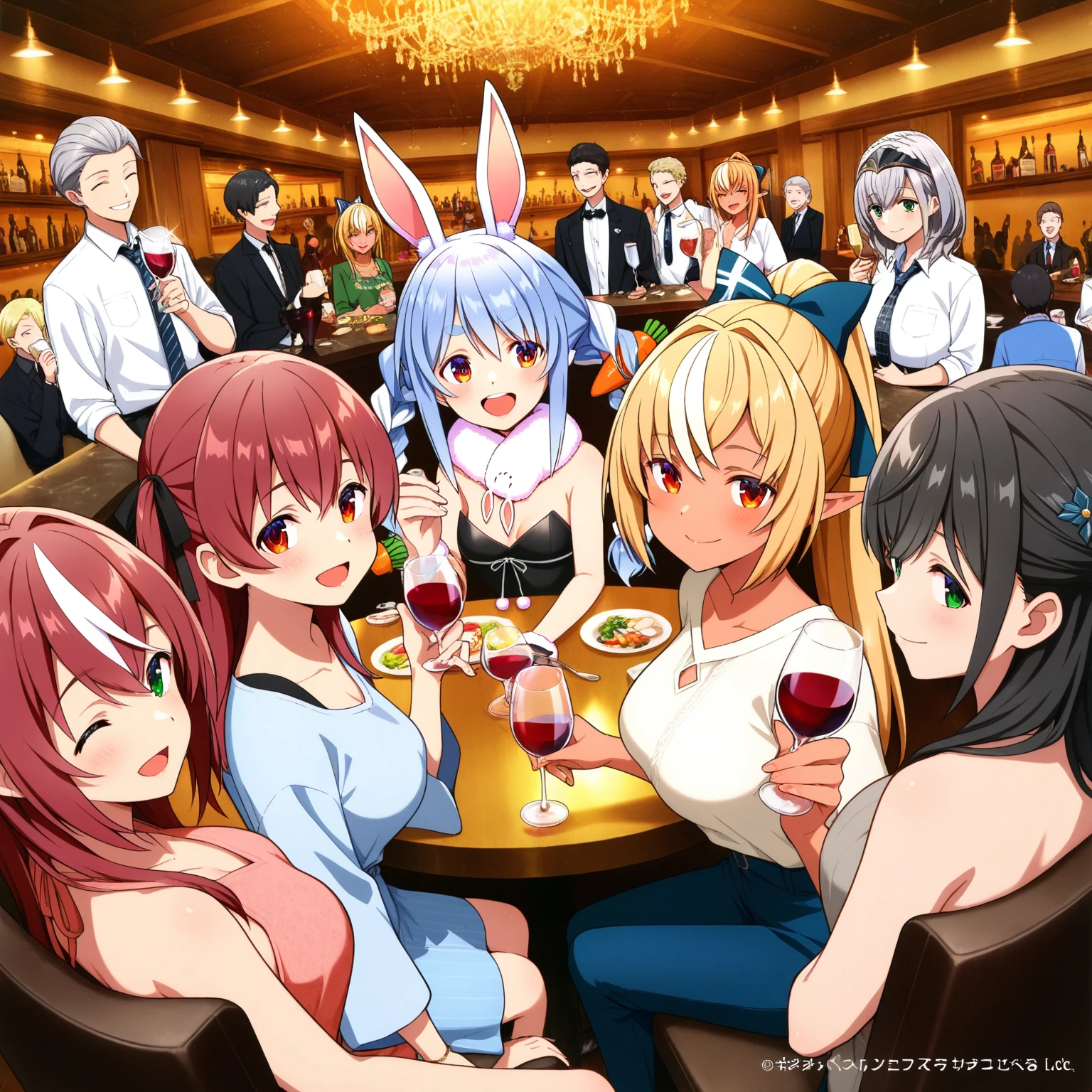 ((masterpiece、Highest quality、anime))、casino、Beautiful night view、(More than 3 naked girls、、smile、fun、Mr.々Hair style)、(((Full nudity、Pussy、The characters are unique)))、(Glowing Skin、A pair of rabbit ears:1.3、Ribbon Hairband、Fishnet tights、A bow tie、Bunny Girls 3 or more)、roulette、Slot Machines、Cocktail、Champagne bottle、((The characters are unique、Mr.々Hair style))、Laughter