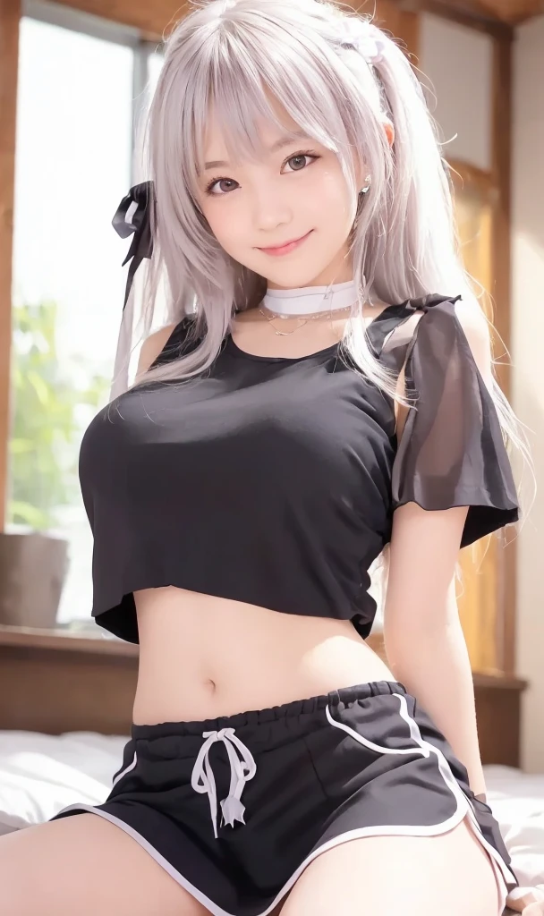 1 girl、White hair、dark brown colored eyes、Radiant Eyes、short crop top、skirt by the、Open your lips、