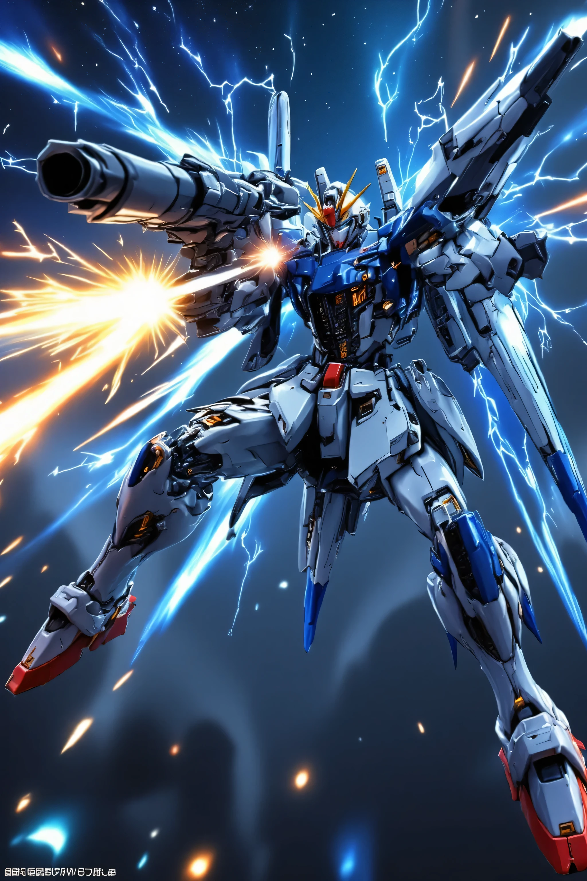 Gundam「F91」, background: Milky Way Galaxy , v.S.b. Gigantic flux rays full of electricity and laser blasts shoot from his main weapon he is carrying. He is aiming slightly overhead and just off screen to the viewers perception of this scene. slightly side profile with body in motion, use depth of field to relly show the sharpness of his face helment and body, he is in a high action scene fighting an enemy