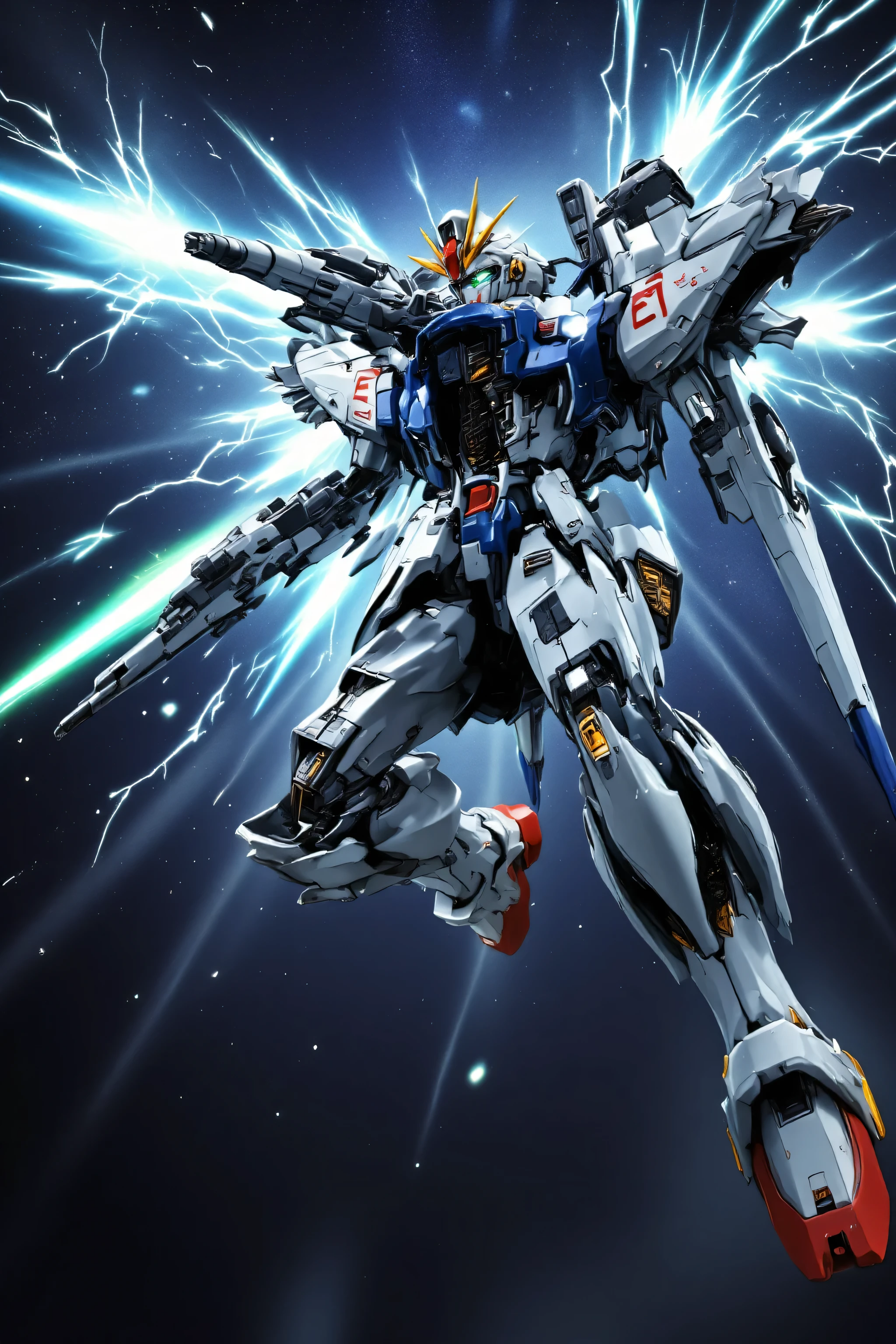 Gundam「F91」, background: Milky Way Galaxy , v.S.b. Gigantic flux rays full of electricity and laser blasts shoot from his main weapon he is carrying. He is aiming slightly overhead and just off screen to the viewers perception of this scene. slightly side profile with body in motion, use depth of field to relly show the sharpness of his face helment and body, he is in a high action scene fighting an enemy