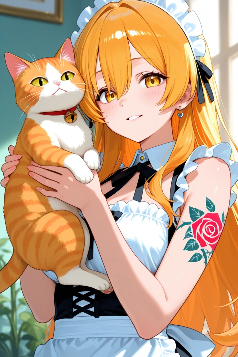 (((masterpiece, best quality, ultra-detailed, ultra high resolution, Top Quality photorealistic Illustration, Ultra Definition, cute illustration:1.3, high Saturation:1.2, detailed beautiful face and eyes, an extremely delicate and beautiful, nice hands, perfect hands, appropriate posture, appropriate configuration, ideal ratio body proportions, absurdres, realistic, hyperreal, golden ratio 1.2, drafting board 1.3, ultra quality and detailed art, high resolution (HD, 4K, 8K, 16K), color bit depth 24-bit, 48-bit, 8K, ultra high resolution: 1.2)))1:1.5
BREAK
(((artistic and ultimate, strongest and perfect, extraordinary, groundbreaking, amazing, overwhelming, original, pioneering, innovative,)))1:1.5
BREAK
(((gold, blue, green, light blue, yellow, silver, deep red, light purple, deep brown, pink, wine red,)))1:1.5
BREAK
(((perfect female body, feminine curves, cleavage)))
BREAK
***theme***: (((anime girl sitting on a sofa with a cat on her lap, gorgeous maid, anime girl in maid outfit, maid outfit, loli dress, cute anime wife in a lovely dress, cute anime girl, long-haired blonde anime girl, beautiful anime girl, anime cat girl in maid outfit, cute anime girl, maid outfit, cute girl anime visual)))
BREAK
***pose***: (((sitting on a sofa with a cat on her lap)))
BREAK
***background***:((( luxurious living room)))
BREAK
(((clothing and colors: gorgeous maid outfit, loli dress, lovely dress)))
BREAK
(((hairstyle and color: long blonde hair)))
BREAK
(((expression and atmosphere: cute, gentle expression)))
BREAK
(((additional elements: cat ears, cat tail)))
BREAK
***recommended models and LoRA***:((( AnimeStyle-v2, CuteAnimeGirls-v1, Anything-v4.5, WaifuDiffusion-v1.3, CatGirlLoRA-v1, MaidOutfitLoRA-v2)))1:1.5