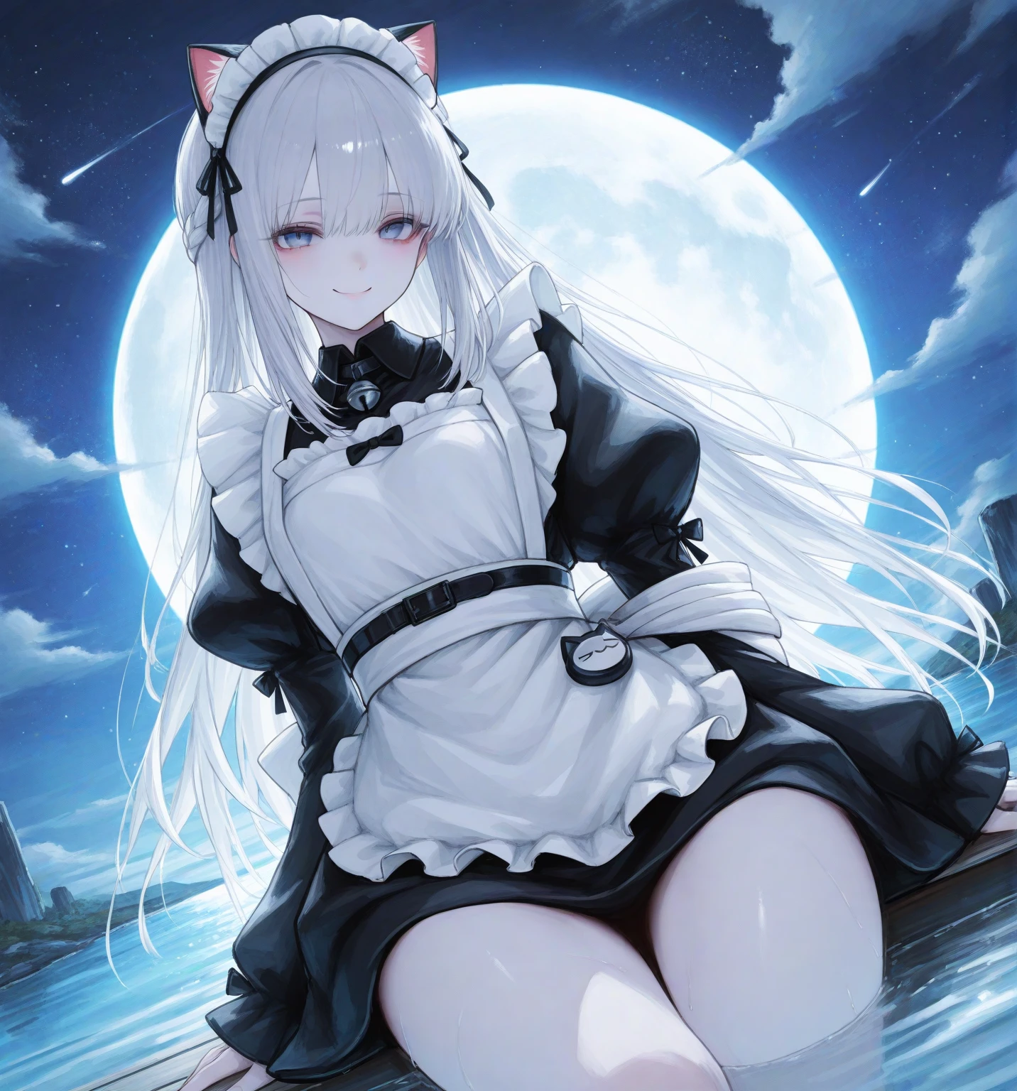 (masterpiece), Highest quality, Ultra-high resolution,Devil with a black ribbon、White Hair、White eyes、White clothing、Laughing happily、(table:1.3)、sun、summer、guard、(shield:1.3)、Ocean、Cold protection、dazzling