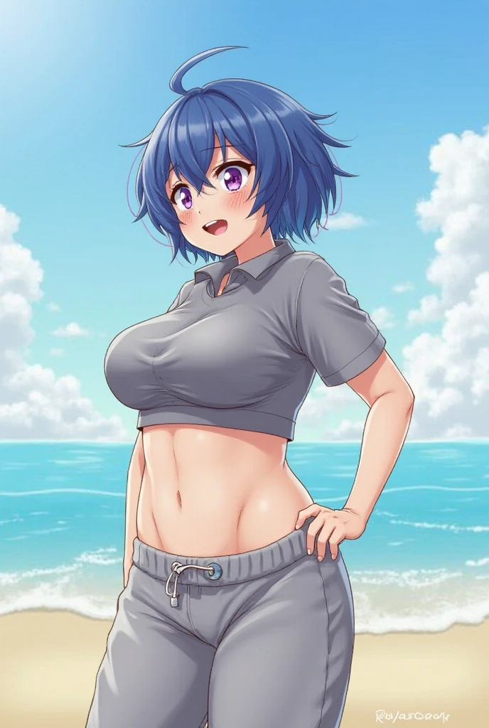 A beautiful girl tenderness happy beautiful big breast light turquoise hair round cut her blue eye wears white top yellow lace thread shows navel and her navy blue Hawaiian skirt flip flops feet