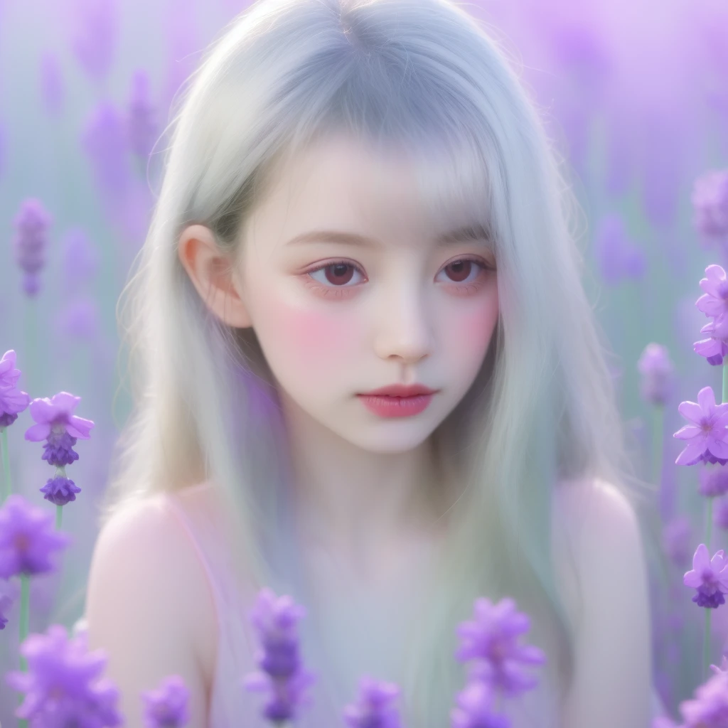 a beautiful girl,Crystal spring flower, Pink white gradient, water drop, Fantastical, galaxies, Transparent, Light blue leaves, brilliance, aqua, colorful, Magical photography of light blue leaves, dramatic illumination, Photo realism, Ultra detailed, depthoffield, high resolusion, parted bangs, silver hair, one eye closed, Sparkle, god rays, projected inset, from above, 4k, anatomically correct, UHD