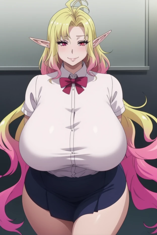 gyaruharuka, gyaru haruka, long hair, bangs, blonde hair, (yellow hair:1.5), (pink eyes:1.5), earrings, mole, mole under mouth,
BREAK skirt, shirt, bow, school uniform, white shirt, pleated skirt, open clothes, socks, collared shirt, bowtie, black skirt, red bow, cardigan, black socks, red bowtie, light brown cardigan,
BREAK indoors, classroom,
BREAK looking at viewer,
BREAK (masterpiece:1.2), best quality, high resolution, unity 8k wallpaper, (illustration:0.8), (beautiful detailed eyes:1.6), extremely detailed face, perfect lighting, extremely detailed CG, (perfect hands, perfect ???????), (large breasts:1.6), (lamia:1.6)