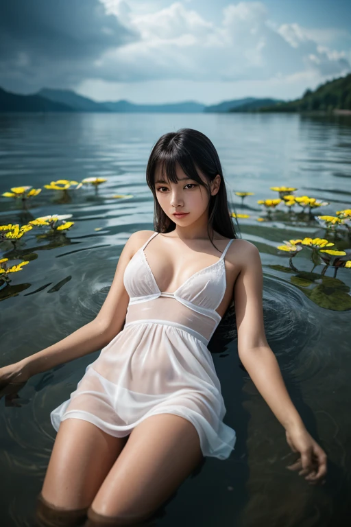 A beauty reminiscent of Liu Yifei basks in the tranquility of a crystal-clear lake, her reflection mirrored perfection in the water's surface. The lake's water, of unparalleled clarity, reveals the pebbled floor hidden beneath, creating an ethereal scene of serenity and natural beauty. (Photorealistic: 1.5), (High resolution: 1.4), (Masterpiece: 1.3), ultra hd, 8k, full body shot, side angle, raw image, intricately detailed, vibrant colors, soft natural lighting, cinematic still, fluid texture, flora surrounding, sensational