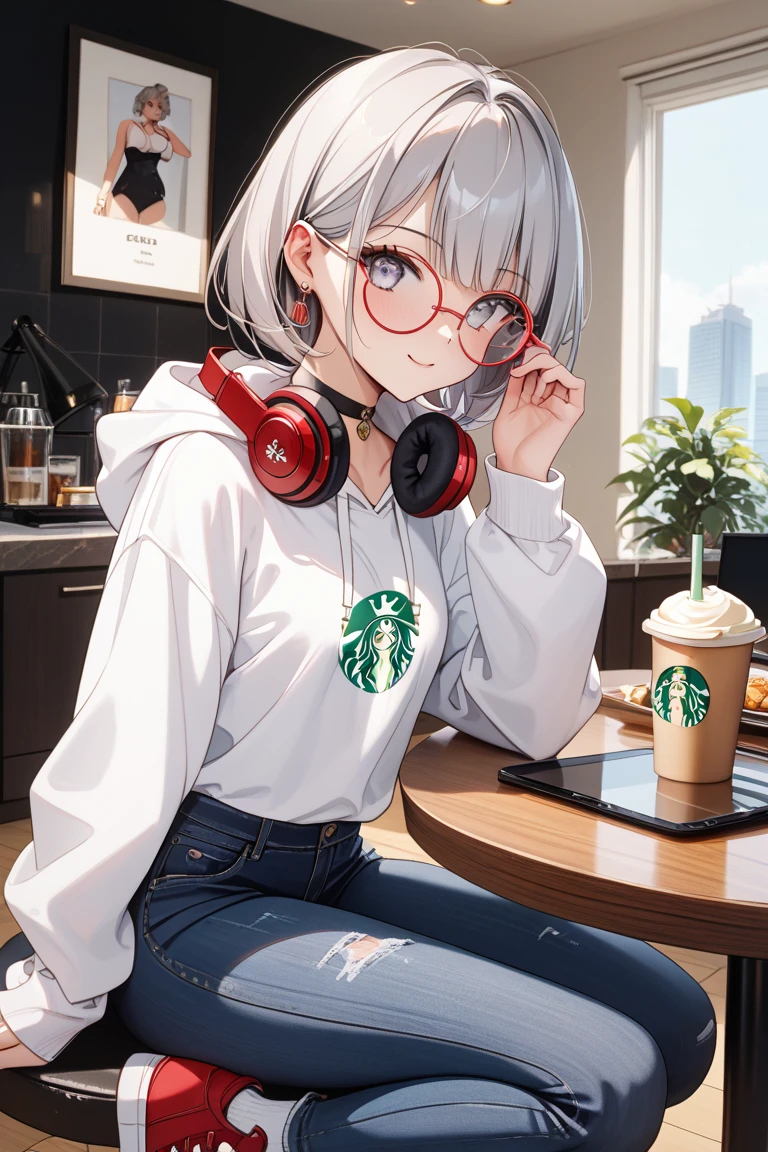 One girl、ager、Zit Eyes、Three white eyes、Hunchback、white hoodie、Starbucks、loose、Roussignon、 gray hair、Red round glasses、I'm wearing big red headphones around my neck、BLACK SKINNY JEANS、slim silhouette、red sneakers、Black Choker、on the table and it made me flush、leaning against、I noticed a cappuccino and iPhone