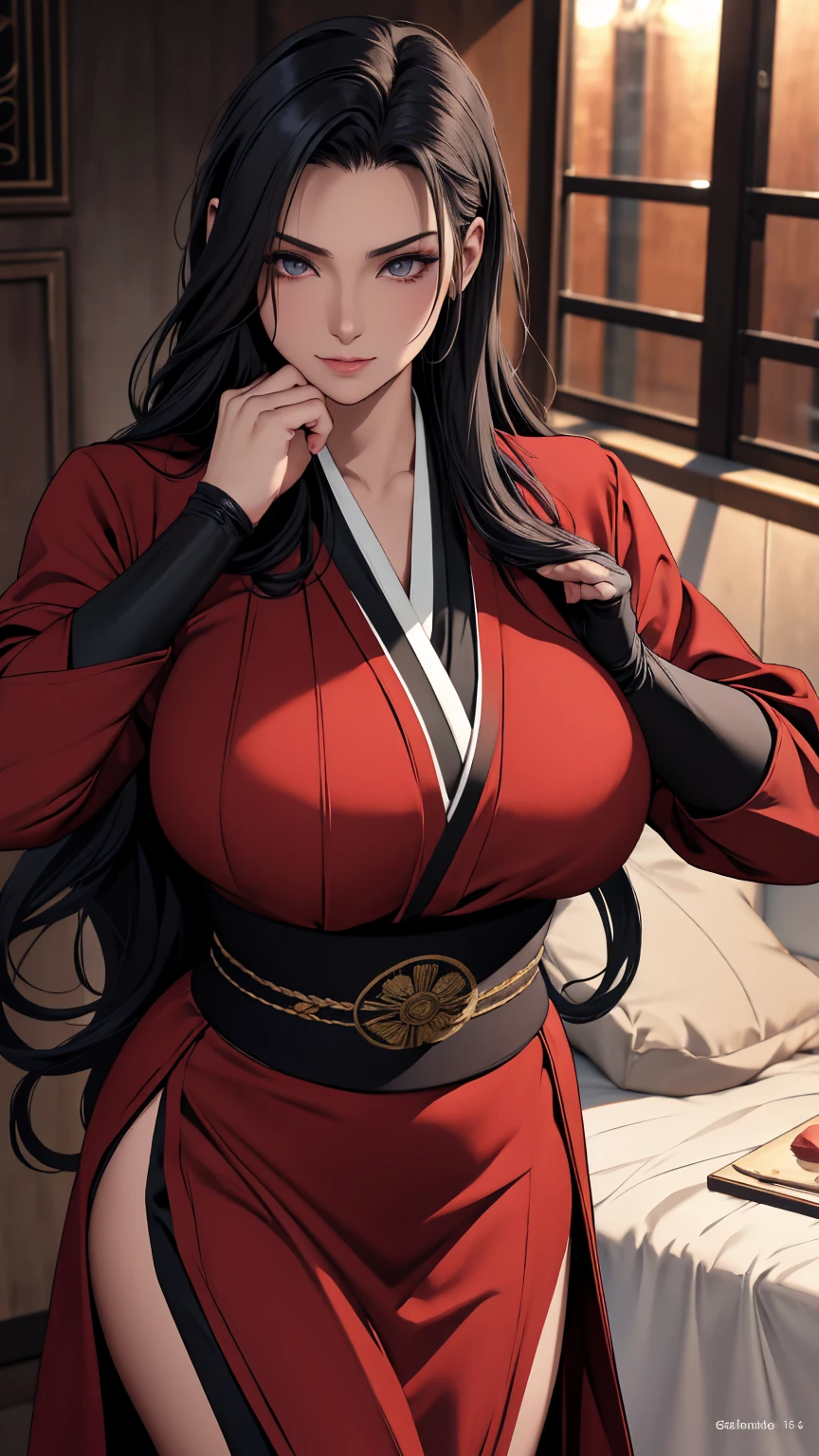 ((masterpiece)), ((best quality)), (ultra-detailed), (realistic), beautiful face, detailed hands, 1girl, solo, mature female, milf, motherly, forehead, big breasts, narrow waist, wide hips, curvy, (straight hair, long hair, high ponytail, dark hair, dark eyes, white kimono, cleavage), dojo, looking at viewer, cowboy shot, seductive smile, sitting