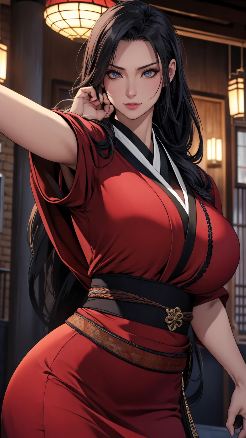 1girl, black hair, (extremely long hair), yellow eyes, ((((((muscular)))))), ((((kimono)))), (((huge breasts))), (((thick thighs))), solo, navel, abs, angry eyes, standing