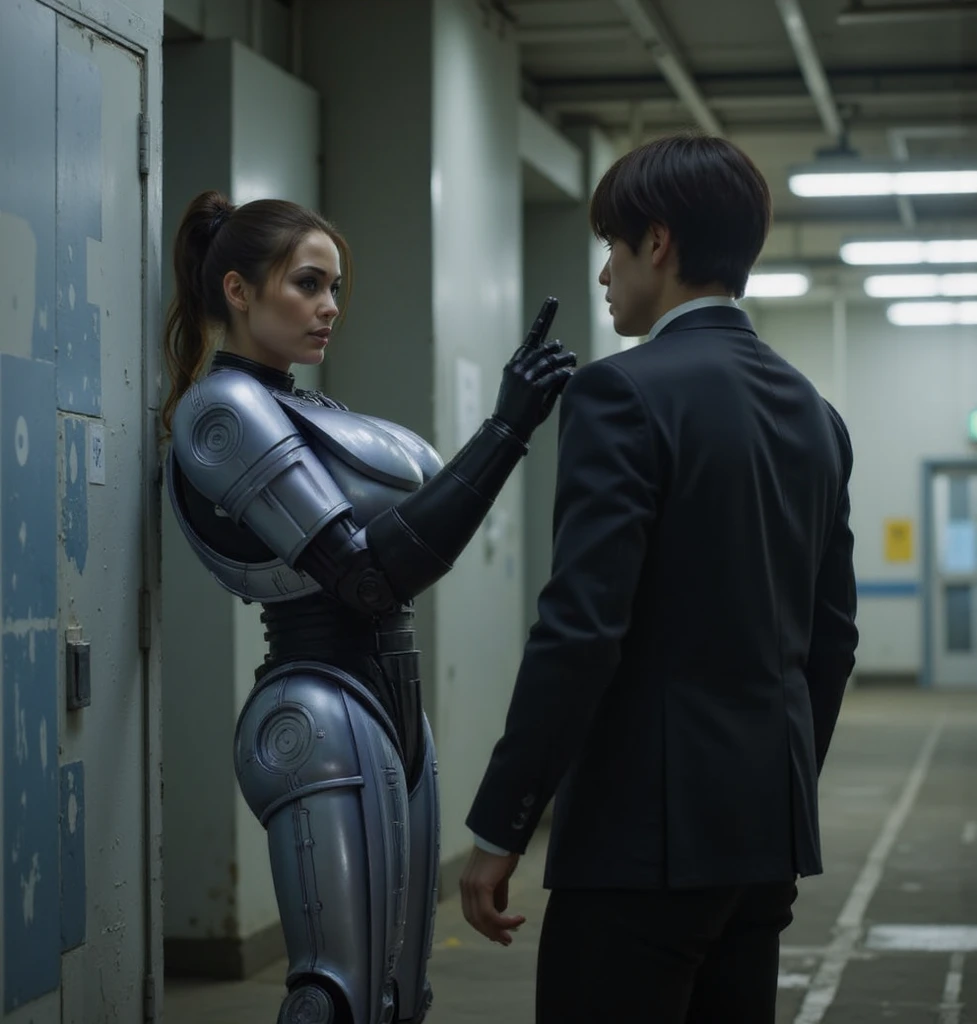 A burly male robot and a real realistic realistic 25 year old Chinese woman in short skirt passionately lingering hugging and kissing, woman slender, intricate 3d rendering very detailed beautiful ceramic silhouette female robot face, robot, robot parts, 150mm, beautiful studio soft light, edge light, vibrant details, luxurious cyberpunk, lace, surrealism, anatomy, facial muscles, cable wire, microchip, elegant, beautiful background, octane rendering, HR Giger style, 8k, best quality, masterpiece, illustration, very refined and beautiful, very detailed, CG, unified, wallpaper, (realism, fidelity: 1.37), amazing, fine detail, masterpiece, best quality, full body,