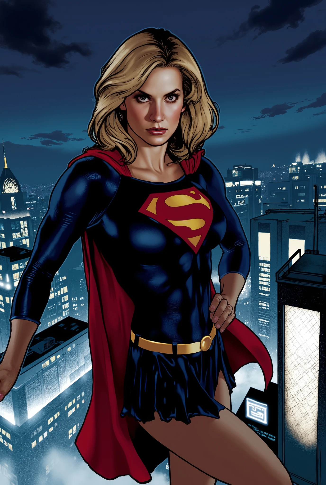 AdamHughesStyle, female dc character'supergirl .superhero, dramatic lighting, night, city landscape, looking at viewer, holding belt