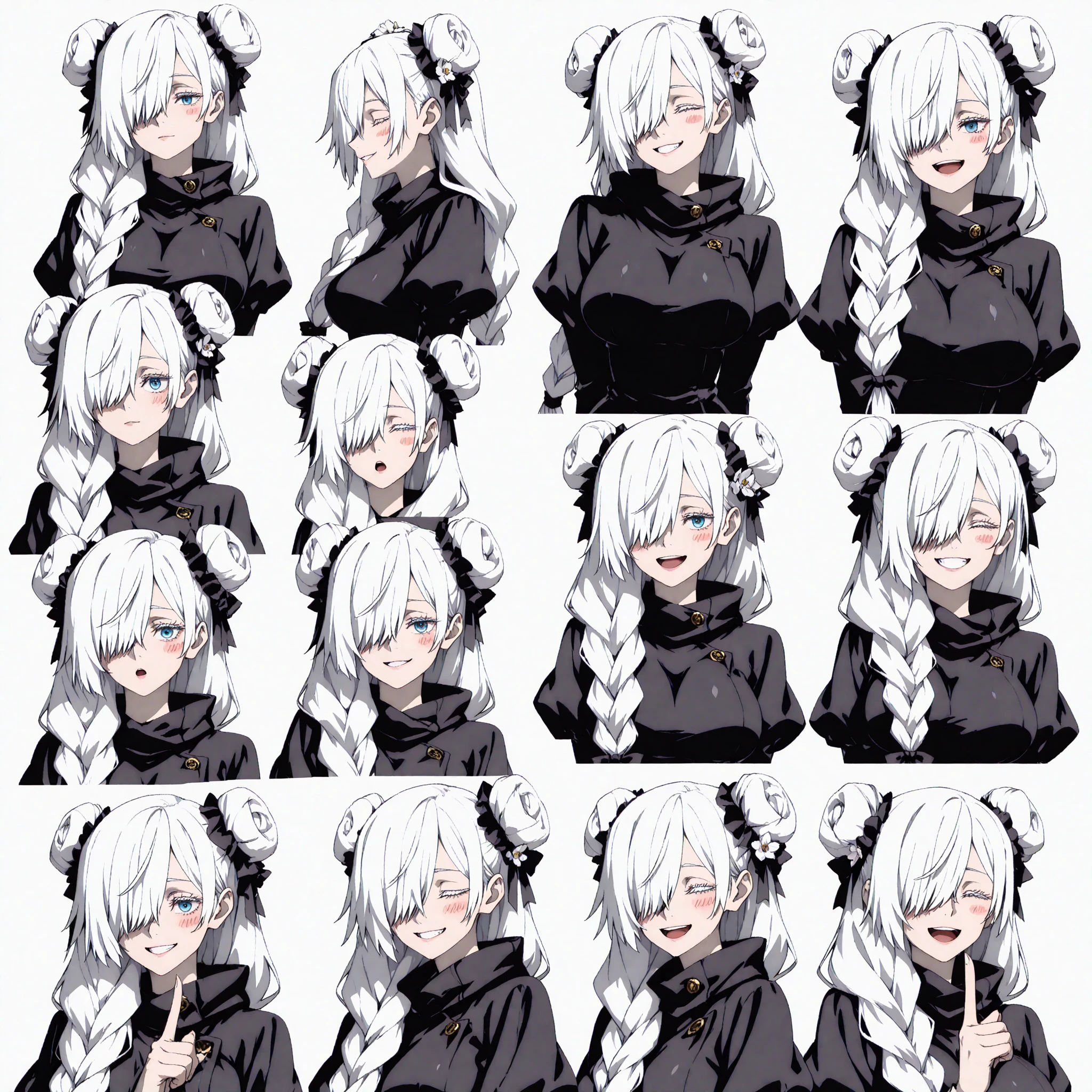 vtuber model, silver hair, grey hair, long hair, messy hair, straight hair, expressive hair, heart-shaped pupils, dilated pupils, embarrassed, blush, blue eyes, heart in eye, naughty, Conceptual art, modern, anime style, anime, reference sheet, multiple views, from behind, from below, from side, UHD, masterpiece, anatomically correct, super detail, textured skin, high details, high quality, best quality, highres, 8k, art concep, character design