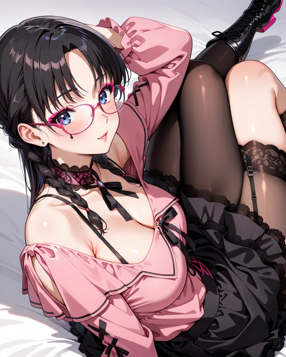 Highest quality,Highest Resolution,A beautiful girl with a crying face spilling a lot of seductive saliva,Full body close-up,looking at the camera,Yellow-green eyes,Black Hair,Lilac bra Lilac underwear,High leg,Lilac garter belt,Lilac knee-high stockings,Dark bedroom at night,Purple bedding,Sweating profusely,Open your mouth,Tears,Sleep in bed,Glasses,