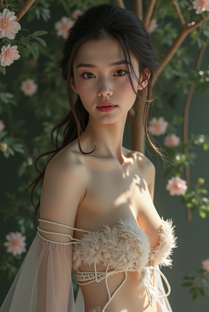 (Highest picture quality), (Master's work), (ultra-detailed), (Detailed eye description:1.2), masterpiece,best quality,absurdres,original,extremely delicate and beautiful,beautiful detailed eyes and face, 1girl,nsfw,fullbody,small breast,bare shoulders, long_hair, cherry blossom,Bending over with butt thrusting, see-through small white_dress, looking_at_viewer, bare foot,bare thigh,pink_flower, solo,(masterpiece:1.4),(best quality:1.4),
